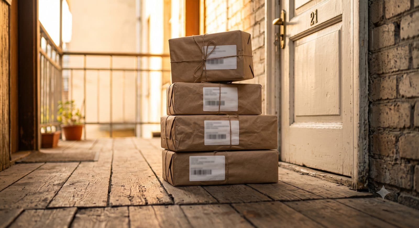 A stack of labeled parcels ready to ship in the morning