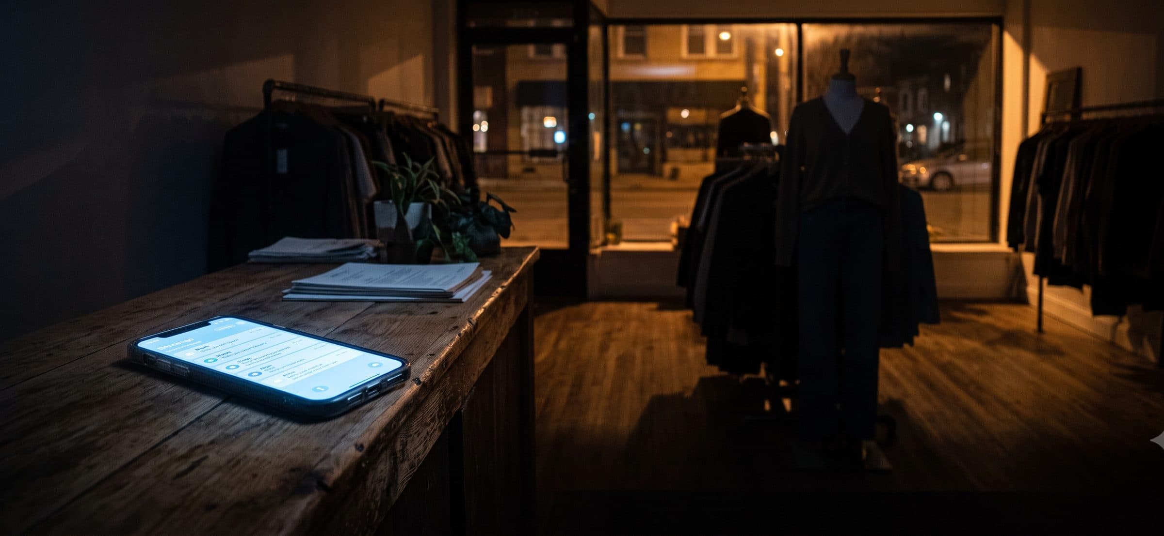 A boutique at night: a phone lights up on the counter with new messages